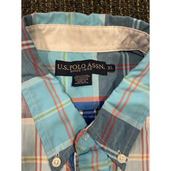 U.S. Polo Assn Plaid Button Up Shirt Short Sleeve Blue orange White Men's XL - Picture 5 of 6